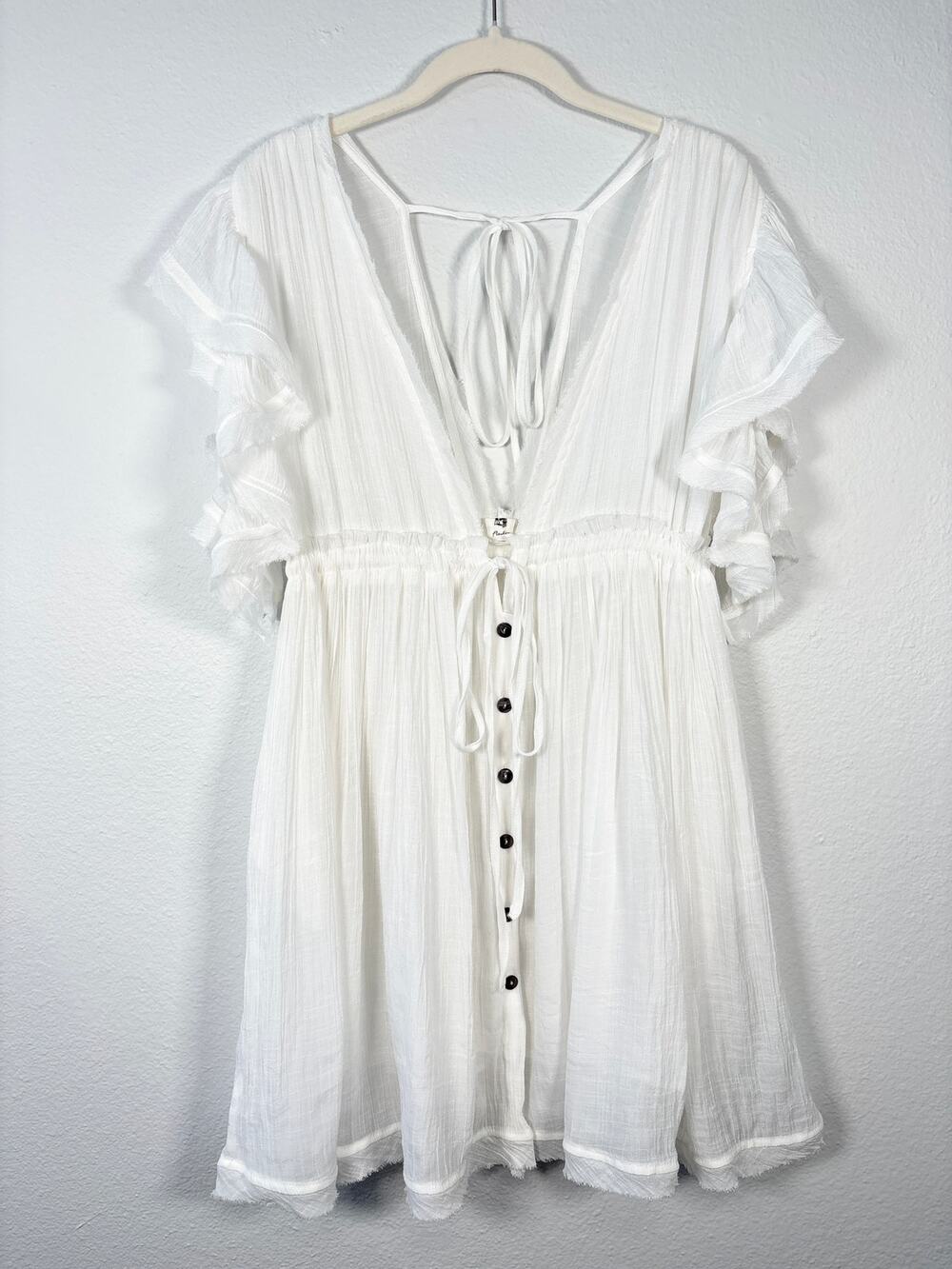 Flawless White Girly Flirty Flutter Ruffle Sleeve Drawstring Deep V Mini Dress